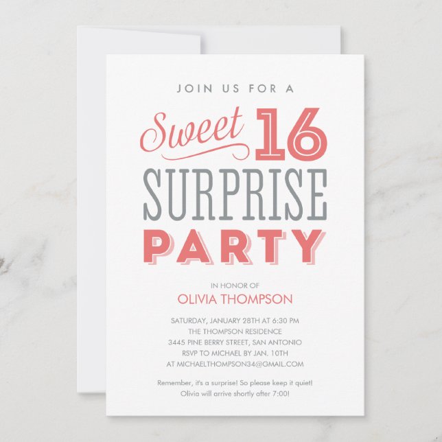 Invitations surprise du Sweet sixteen blanc (Devant)