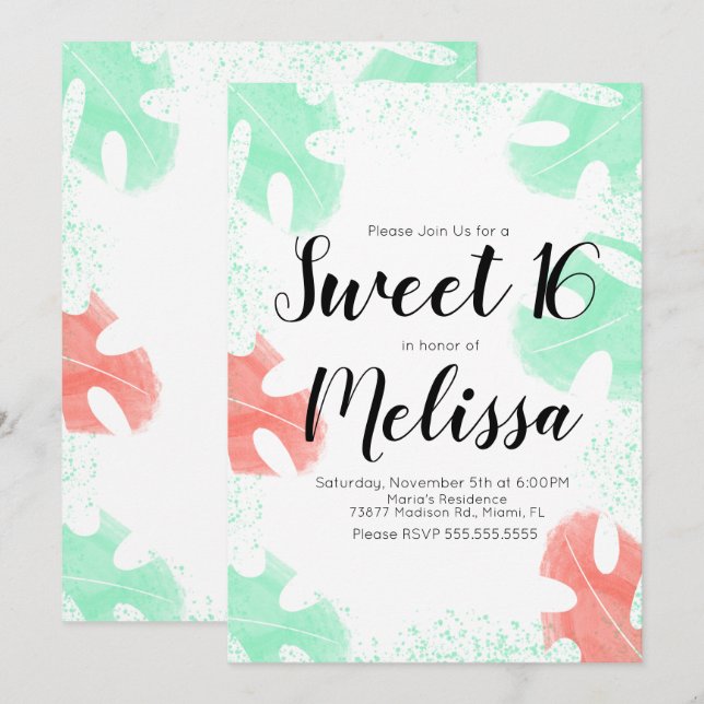 Invitations Sweet 16 aquarelle Monstera feuilles d (Devant / Derrière)