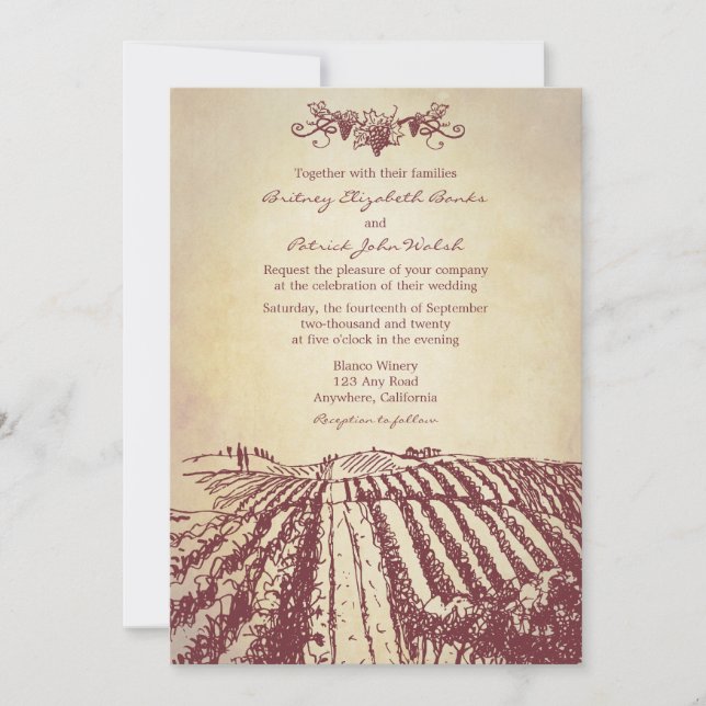 Invitations toscanes de mariage de vignoble (Devant)