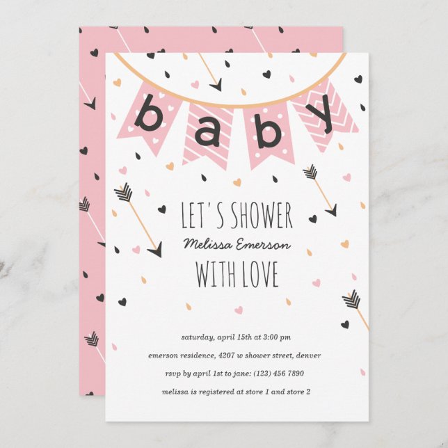 Invitations Tribal Baby Shower | Fille rose (Devant / Derrière)