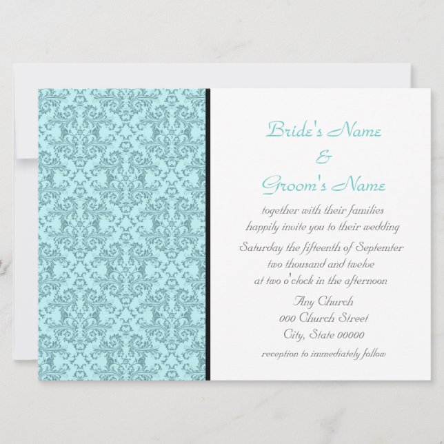 Invitations turquoise Black White Mariage damassé (Devant)