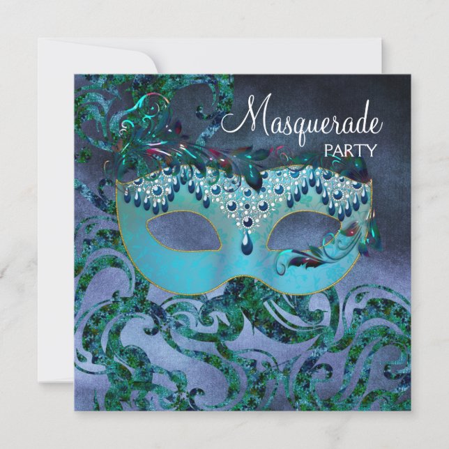 Invitations Turquoise Blue Masquerade Party (Devant)