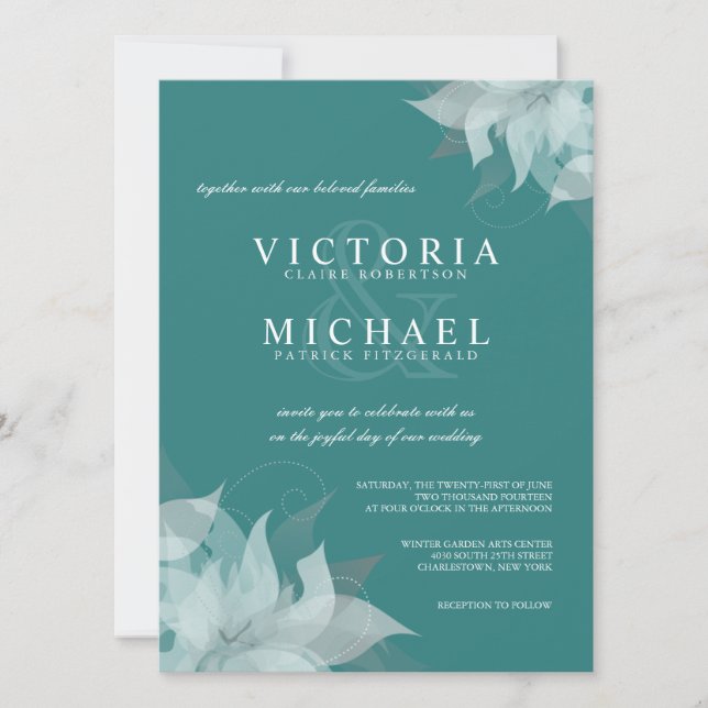 Invitations Turquoises de mariage floral bleu et b (Devant)