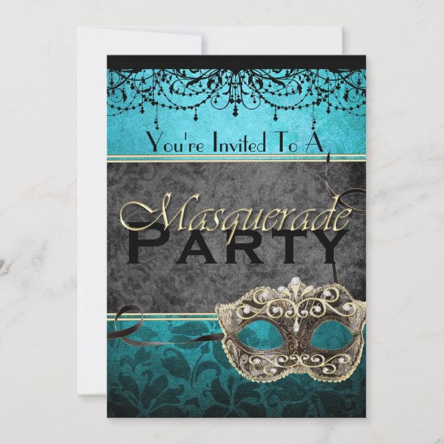 Invitations turquoises vintages chics de mascarade (Devant)