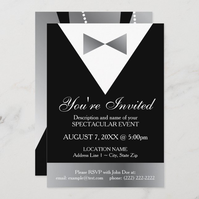 Invitations Tuxedo Black & Silver| Forme moderne (Devant / Derrière)