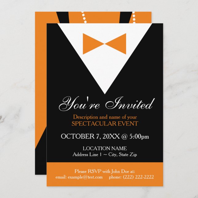 Invitations Tuxedo | Fête Formelle Noire et Orange (Devant / Derrière)