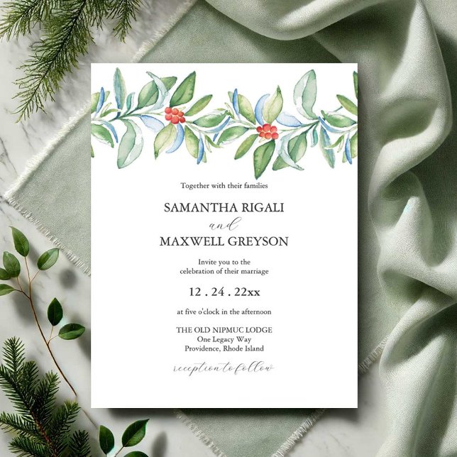 Invitations uniques de mariage de Noël Aquarelle (Christmas wedding invitations watercolor botanical art by Victoria Grigaliunas of Do Tell A Belle)