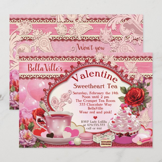 Invitations Valentine Tea Party (Devant / Derrière)