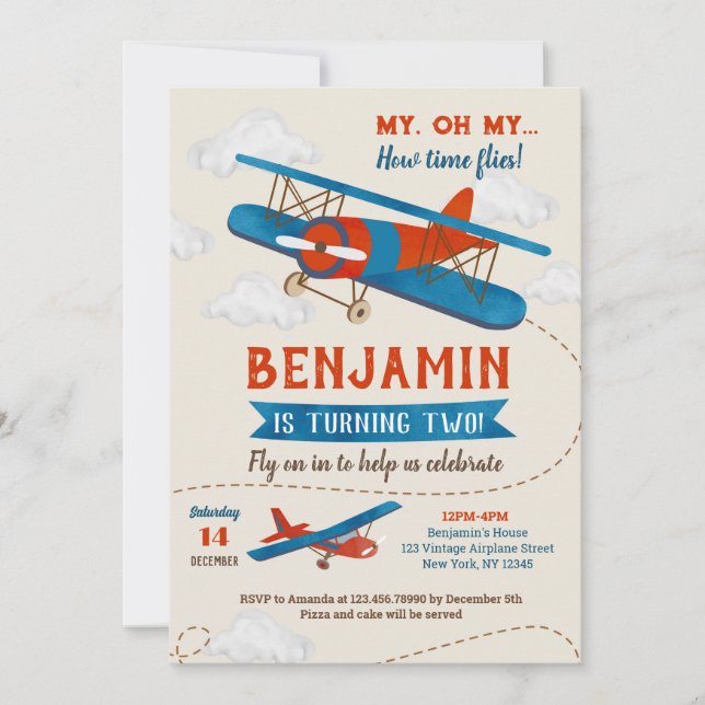 Invitations vintage avion 2e anniversaire (Devant)