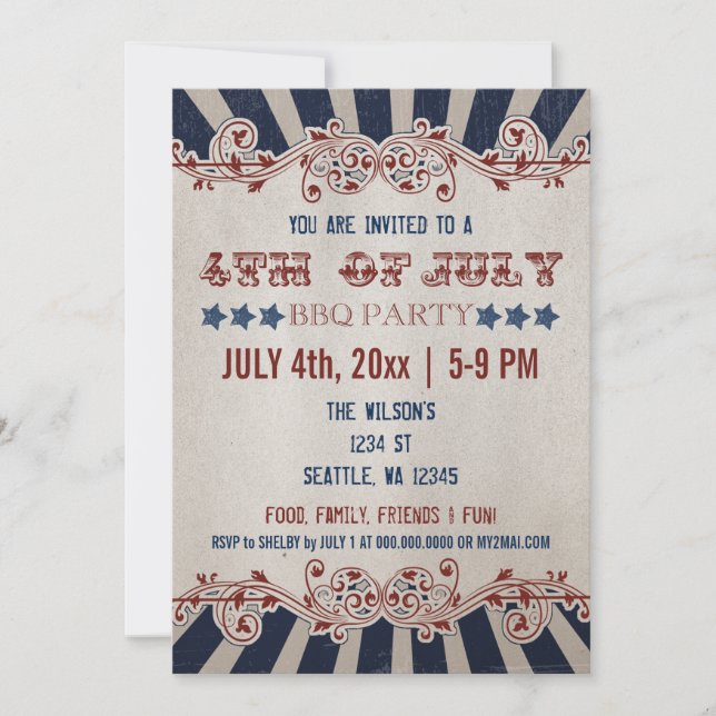 Invitations vintage Rustic 4 juillet BBQ Party (Devant)