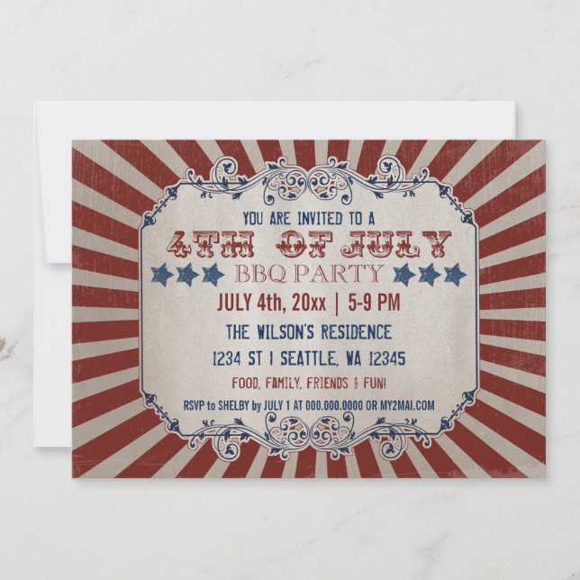 Invitations vintage Rustic 4 juillet BBQ Party (Devant)