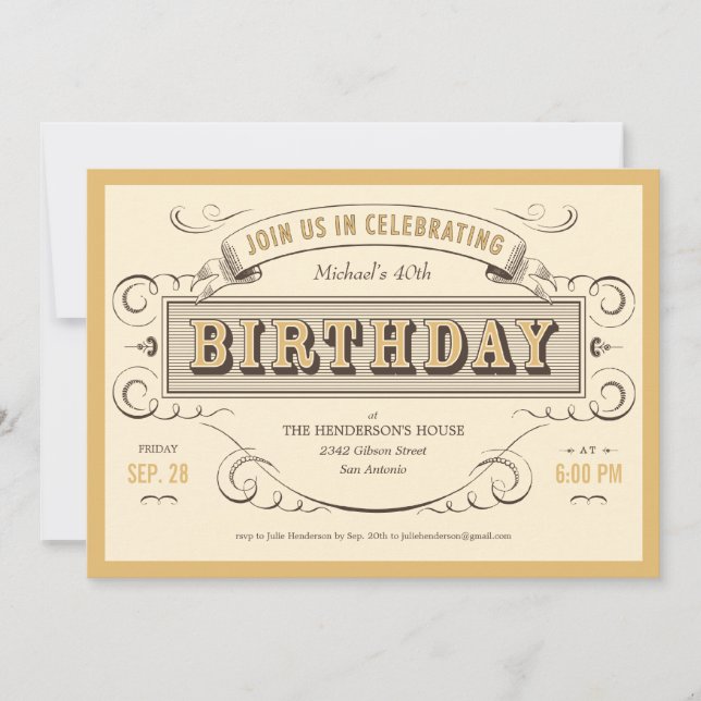 Invitations vintages classiques d'anniversaire (Devant)