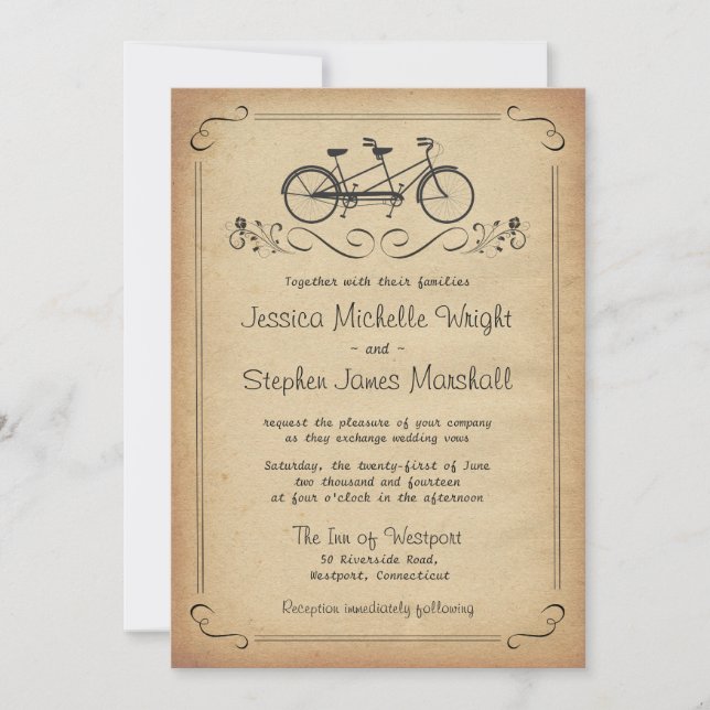 Invitations Vintages de mariage à bicyclette en ta (Devant)