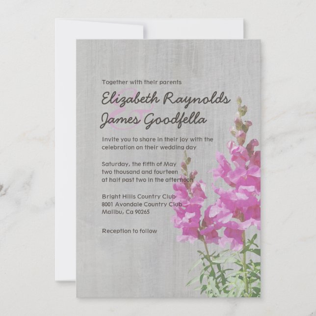 Invitations vintages de mariage de muflier (Devant)