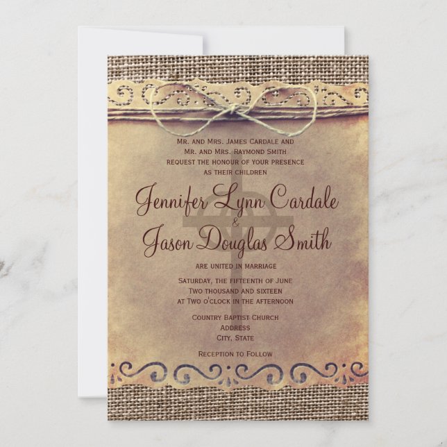 Invitations vintages de mariage de toile de jute (Devant)