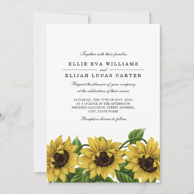 Invitations vintages de mariage de tournesol (Devant)