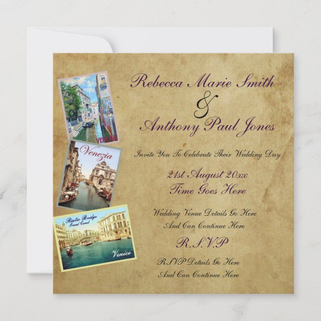 Invitations vintages de mariage de Venise (Devant)