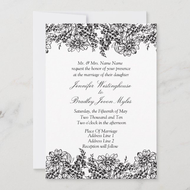 Invitations vintages Florales Noir Et Blanc Mariag (Devant)