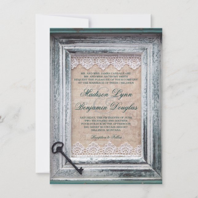 Invitations vintages rustiques de mariage d'Aqua (Devant)