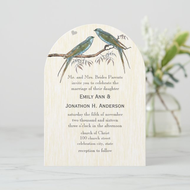 Invitations Vintages turquoises de mariage d'oisea (Debout devant)