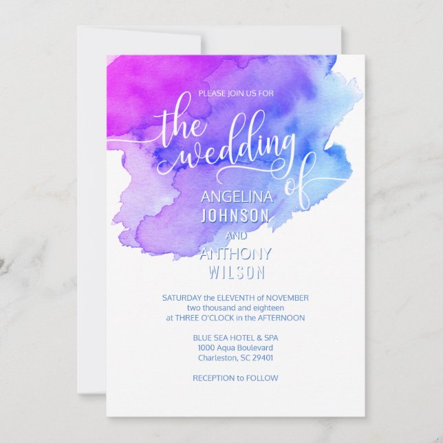 Invitations violettes pourpres bleues de mariage (Devant)