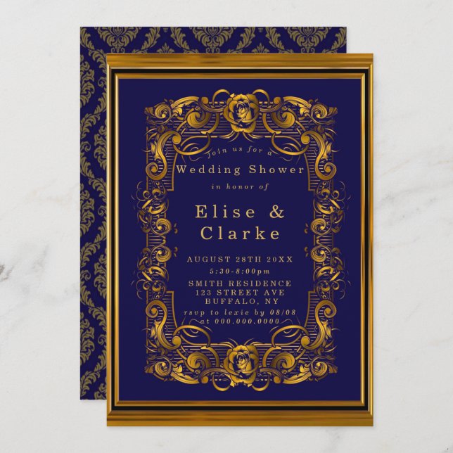 Invitations Wedding showers Royal Blue Gold (Devant / Derrière)