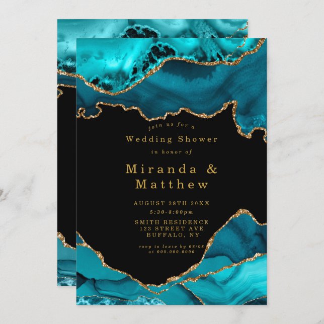 Invitations Wedding showers turquoise et Gold Agat (Devant / Derrière)