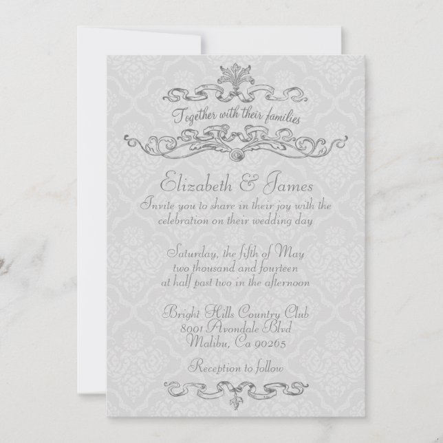 Invitations White Mariage damassé de luxe simples (Devant)