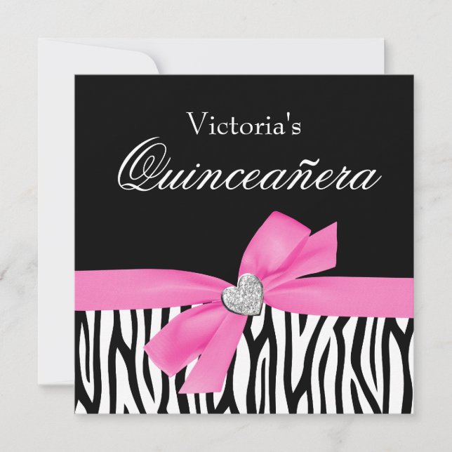 Invitations Zebra Pink Bow Diamond Quinceanera (Devant)