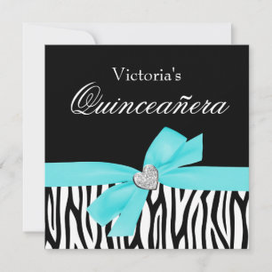 Invitations Zebra Turquoise Bow Diamond Quinceaner