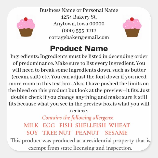 Iowa Cottage Food Law Étiquette pour la boulangeri (Devant)