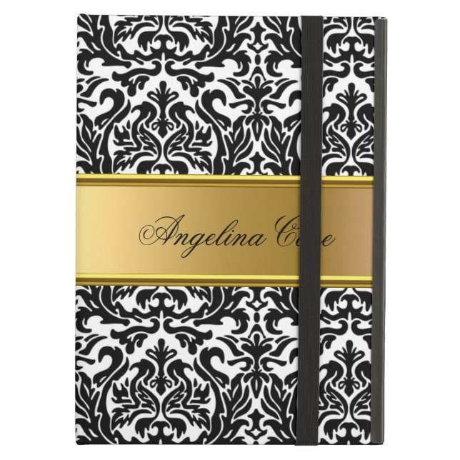 iPad Air Elégant Coque noir blanc Damask Gold ajouter Nom (Devant fermé)