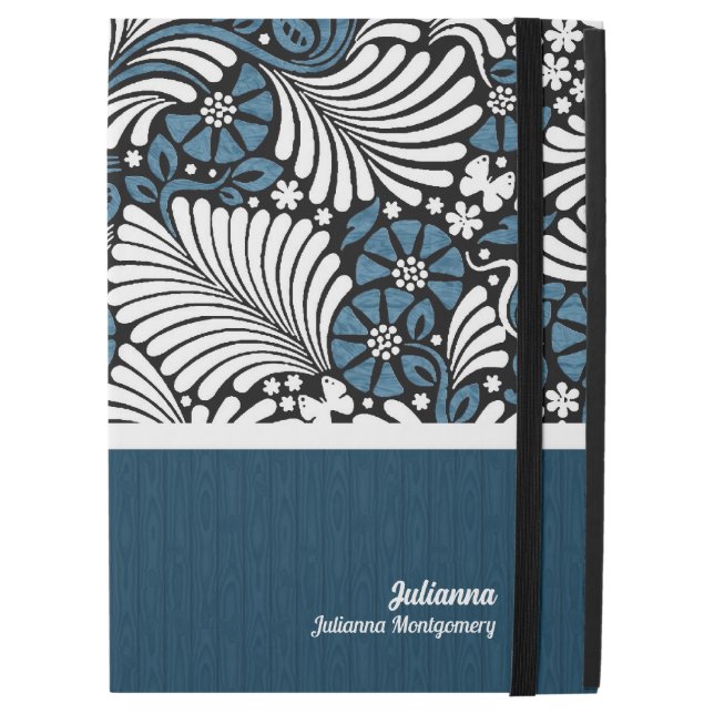 iPad Pro 12.9" Case Feuille de fermentation en bleu, blanc et noir (Devant de près)