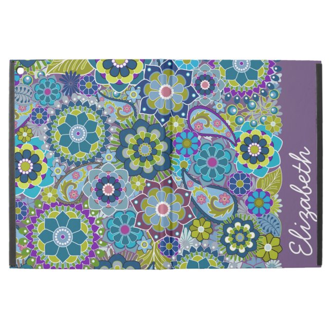 iPad Pro 12.9" Case Motif floral funky avec nom vert aubergine (Extérieur)