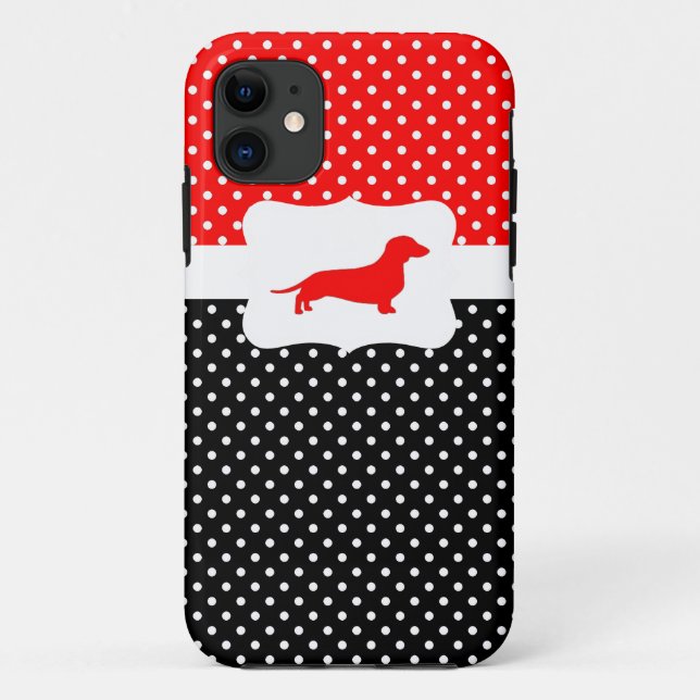 iPhone 11 coque à points de la Polka rétro avec Dachshund (Dos)