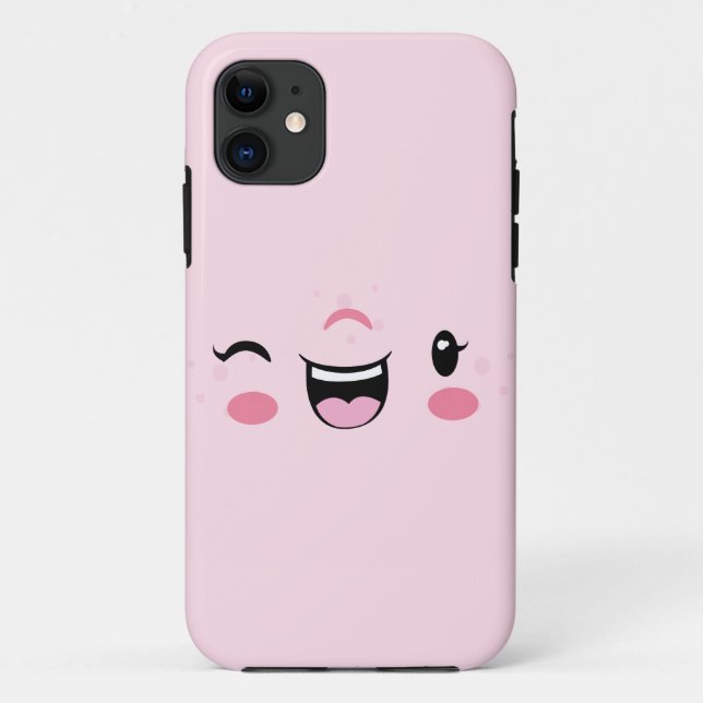 iPhone 11 Pink Winking Kawaii Face Coque (Dos)