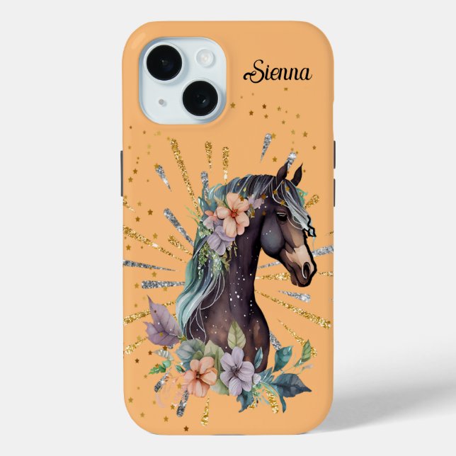 iPhone 15 Coque avec Cheval & Fleurs (Verso)