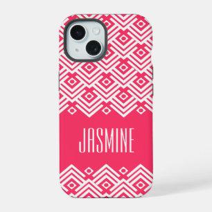 iPhone 15 Étui damassé chevron rose et blanc pour coque de t