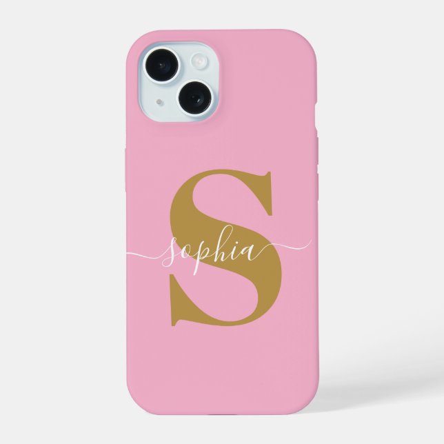 iPhone 15 Nom personnalisé, Script initial, Coque rose/or - (Verso)