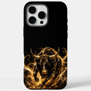 iPhone 16 Pro Max Coque de Téléphone Taureau de Feu Noir&Or Mystique