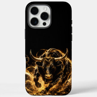 iPhone 16 Pro Max Coque de Téléphone Taureau de Feu Noir&Or Mystique