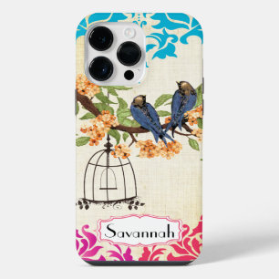 Pour iPhone 14 Pro Max Birdcage Oiseau Corail rose Aqua Damask coque ipho