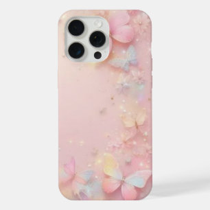 iPhone 15 Pro Max Bleu pastel scintillant avec papillon rose coque i