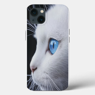 Etui iPhone 13 Chat Blanc Charmant avec des Yeux Bleus – Coque iP