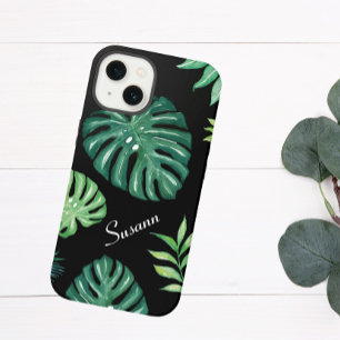 Etui iPhone 13 Coque de téléphone à motif feuille tropicale noire