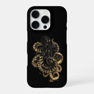 iPhone 16 Pro Coque de Téléphone Illustration Poulpe Noir et Or 