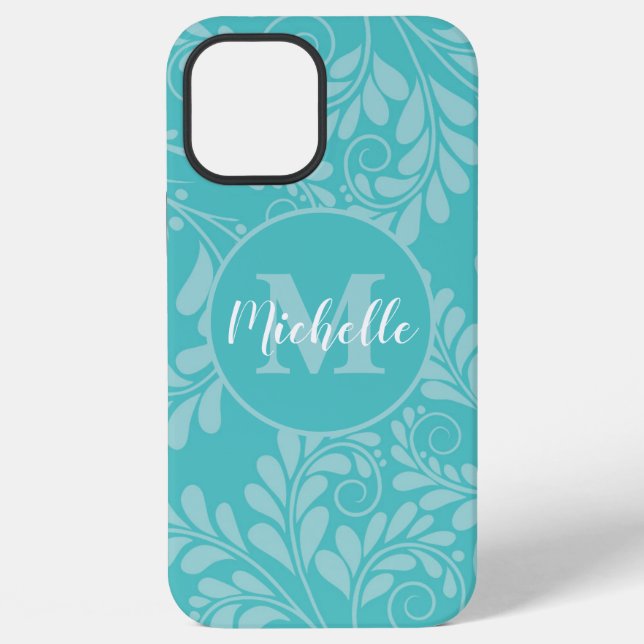 iPhone Coque fleuri Turquoise avec initial et nom (Verso)