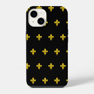 Pour iPhone 14 Coque téléphone noire avec motif Fleur de Lys Or