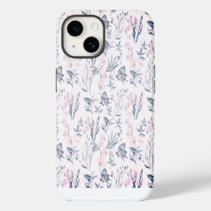 Pour iPhone 14 Elégant bleu rose vintage papillon Coque fleuri