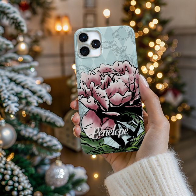 iPhone Pivoine en multimédia personnalisée - Coque de tél (Personalize Your Tech! Add a custom name to this artistic phone case. It's the perfect unique gift!)
